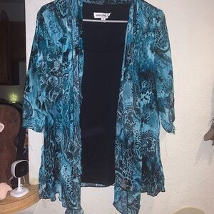 Rebecca Malone Teal and Black Sheer Paisley Open Front Blouse